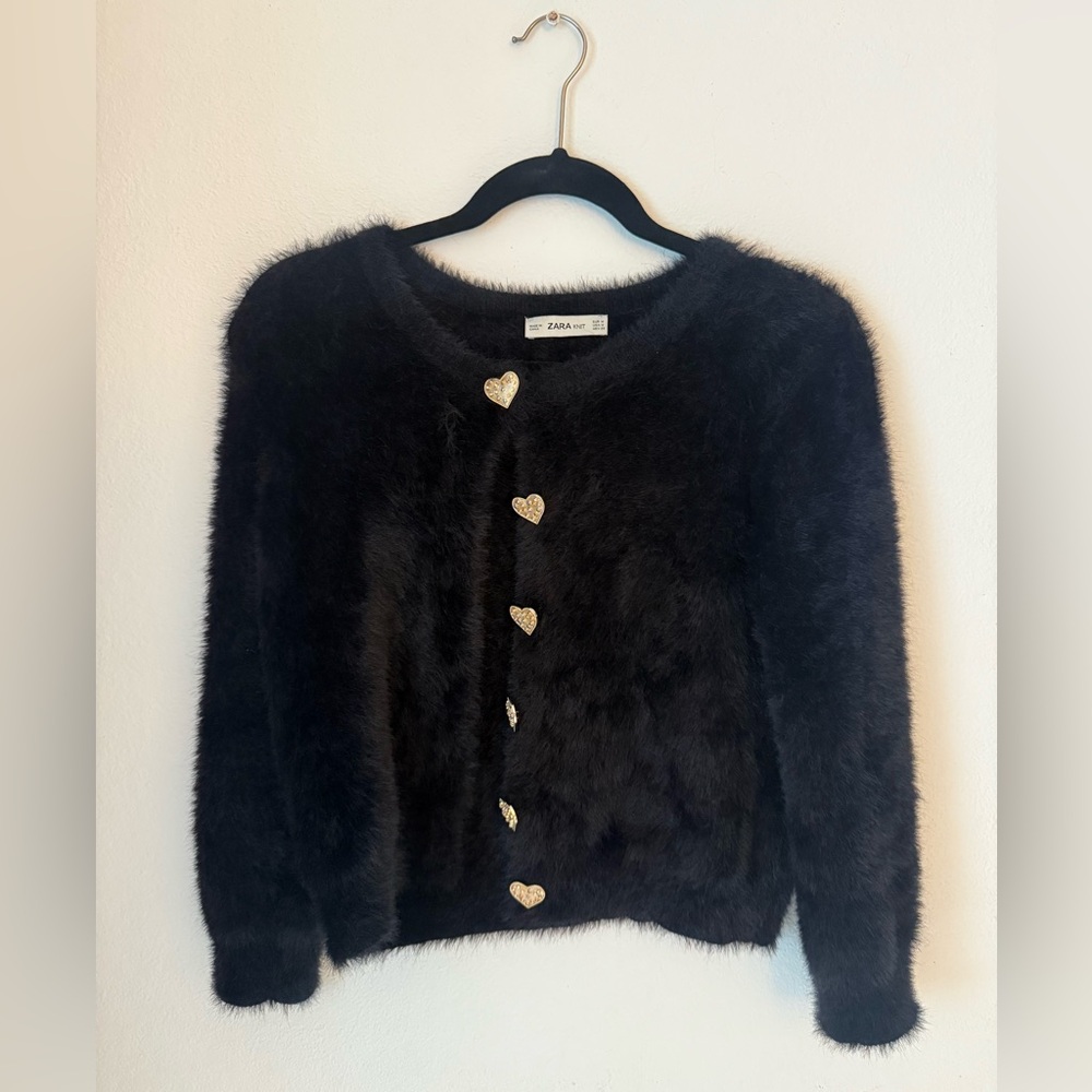 Zara Black Fuzzy Cardigan with Heart Buttons